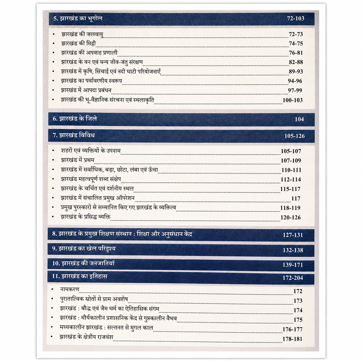 Table of contents page of a Hindi Jharkhand General Knowledge book showing sections on Jharkhand Geography, Districts, Miscellaneous Facts, Educational Institutions, Sports, Tribes, and History with chapter names and page numbers.