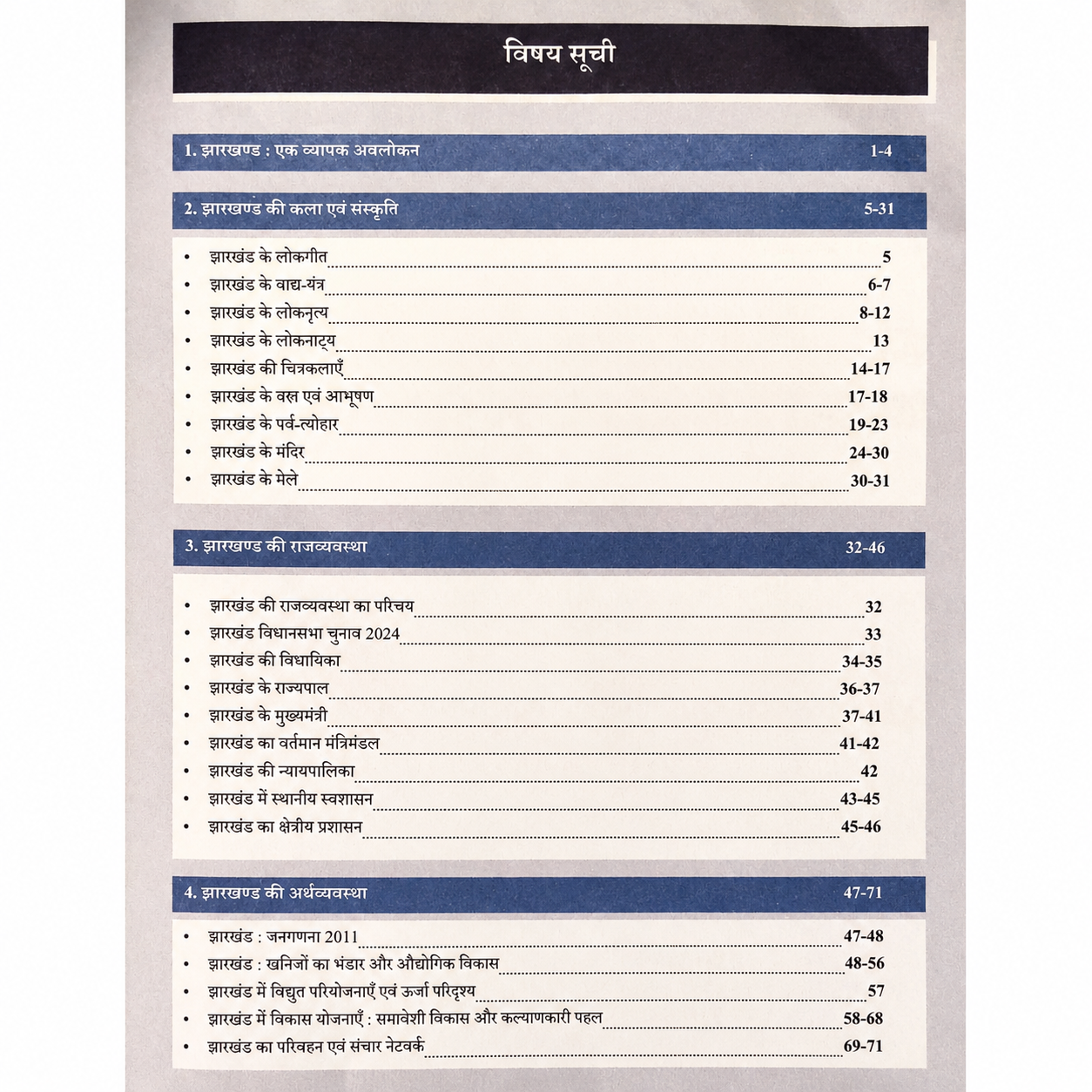 Table of contents page of a Hindi Jharkhand General Knowledge book featuring chapters on Jharkhand Overview, Art and Culture, Political System, and Economy with detailed topics and page numbers.