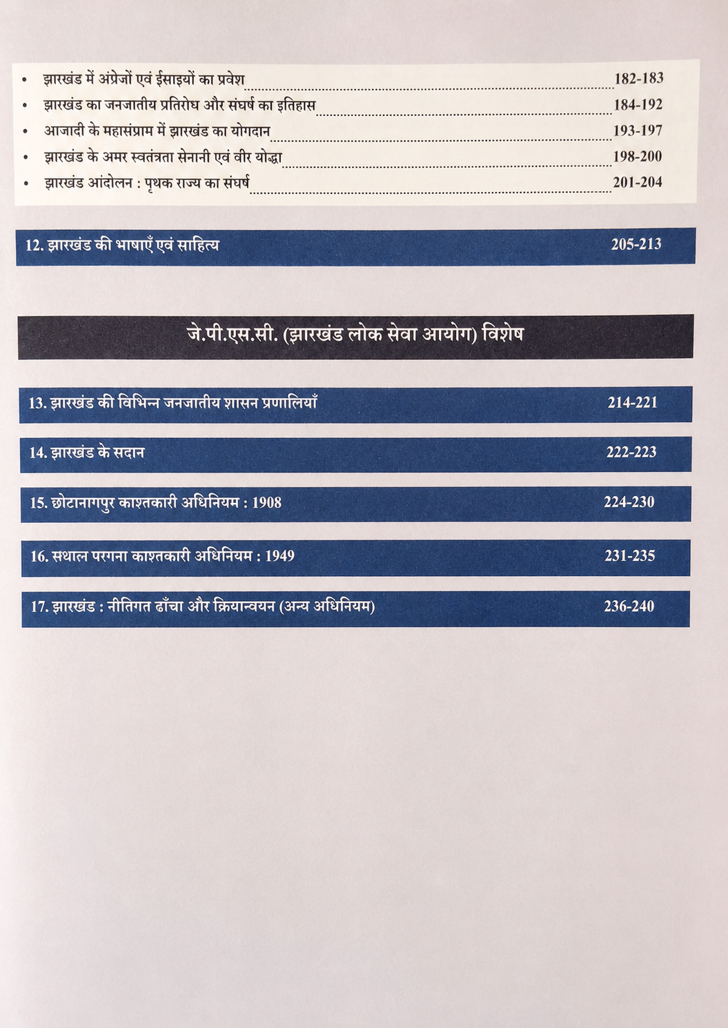 Table of contents page of a Hindi Jharkhand General Knowledge book featuring chapters on Jharkhand Overview, Art and Culture, Political System, and Economy with detailed topics and page numbers.