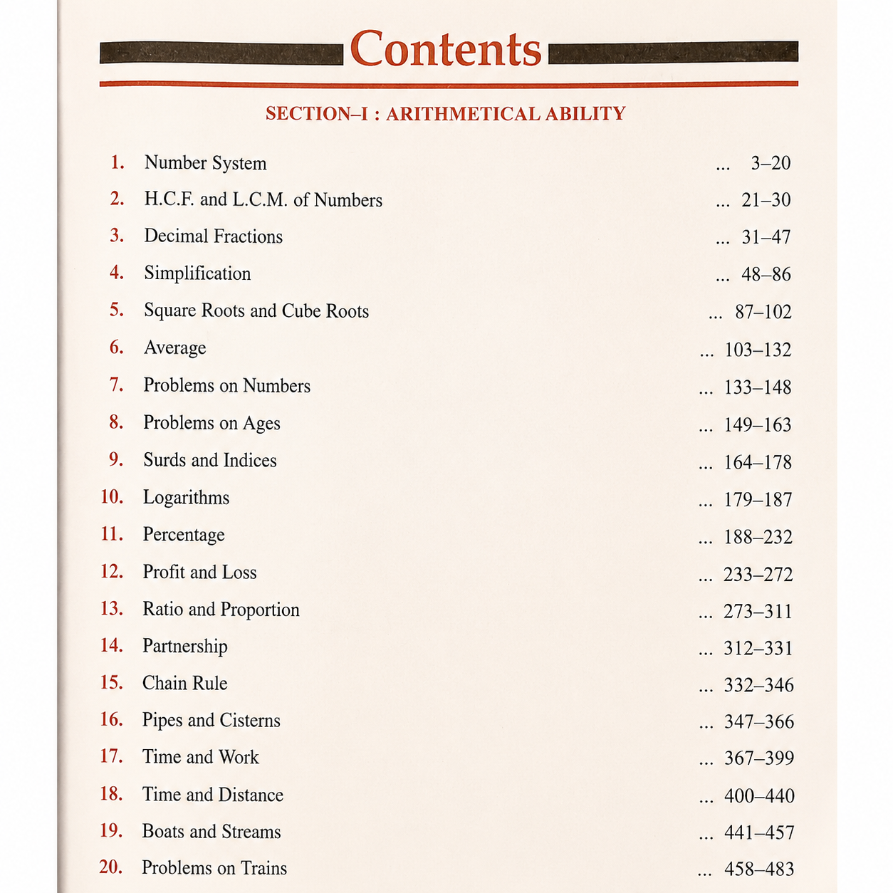 Table of Contents page for Section I: Arithmetical Ability, covering Number System, HCF & LCM, Decimal Fractions, Simplification, Square Roots, Average, Profit & Loss, Ratio & Proportion, Time and Work, Time and Distance, Boats and Streams, and Problems on Trains with page numbers.