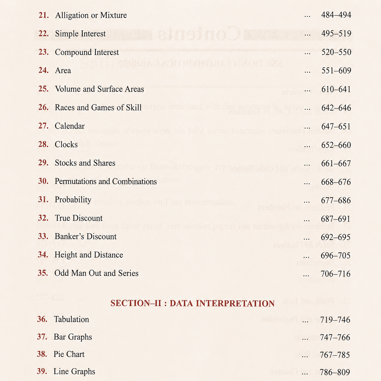 Table of Contents page featuring Arithmetical Ability topics including Alligation or Mixture, Simple Interest, Compound Interest, Area, Probability, Height and Distance, and Section II: Data Interpretation with Tabulation, Bar Graphs, Pie Chart, and Line Graphs along with page numbers.