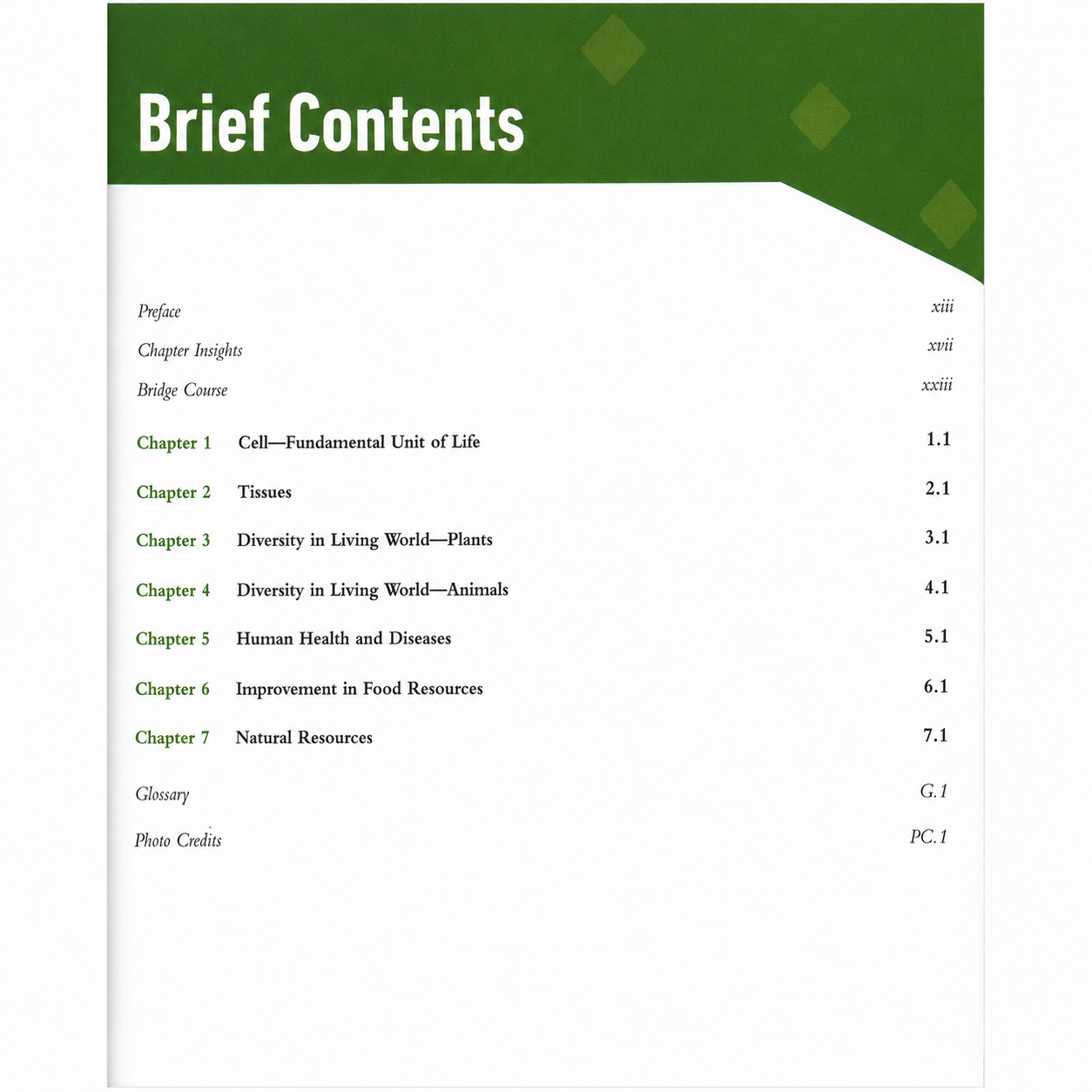 Brief Contents page of the Pearson IIT Foundation Biology Class 9 book, listing the Preface, Chapter Insights, Bridge Course, and chapters on Cell—Fundamental Unit of Life, Tissues, Diversity in Living World (Plants and Animals), Human Health and Diseases, Improvement in Food Resources, Natural Resources, Glossary, and Photo Credits with corresponding page numbers.