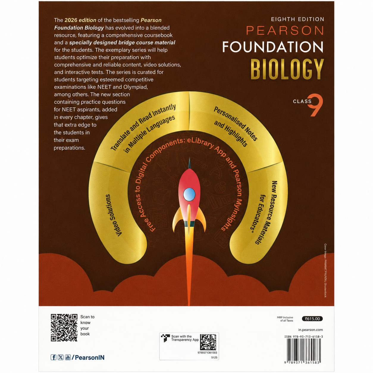 Back cover of the Pearson Foundation Biology Class 9 (Eighth Edition) book featuring an overview of the 2026 edition, bridge course information, digital learning features, eLibrary and Pearson MyInsights access, QR codes, ISBN barcode, publisher details, and ₹615 price.