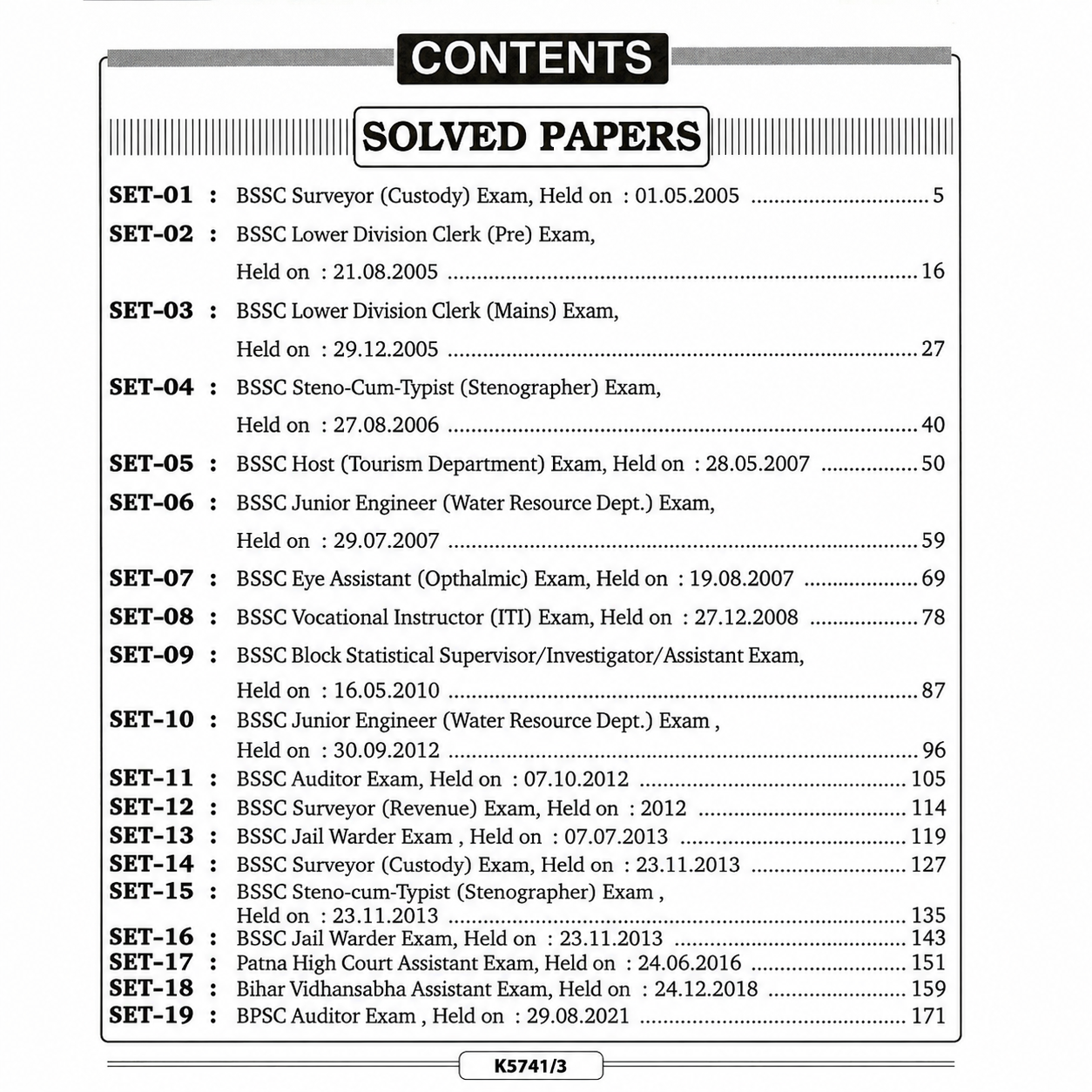 Contents page of a BSSC and BPSC solved papers book listing Bihar competitive examination papers from 2005 to 2021, including Surveyor, Lower Division Clerk, Stenographer, Junior Engineer, Auditor, Jail Warder, Patna High Court Assistant, Bihar Vidhansabha Assistant, and BPSC Auditor exams with page numbers.