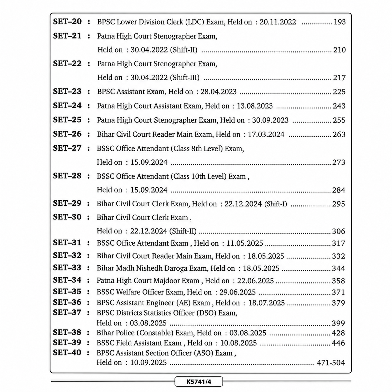 Contents page of a BSSC and BPSC solved papers book listing Bihar competitive examination papers from 2022 to 2025, including BPSC Lower Division Clerk, Patna High Court Stenographer and Assistant, Bihar Civil Court Reader and Clerk, BSSC Office Attendant, Welfare Officer, Bihar Police Constable, BPSC Assistant Engineer, District Statistics Officer, Assistant Section Officer, and other solved papers with page numbers.