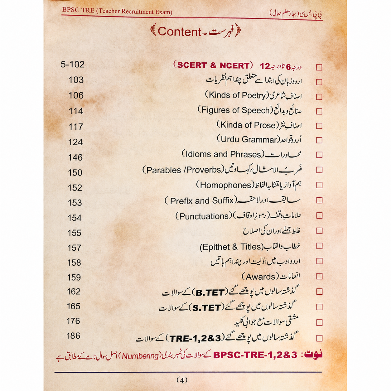 Table of contents page of a BPSC TRE Urdu Teacher Recruitment Exam book featuring Urdu grammar, literature, SCERT and NCERT syllabus, idioms, proverbs, pedagogy, and previous year B.TET, S.TET, and TRE questions with page numbers.