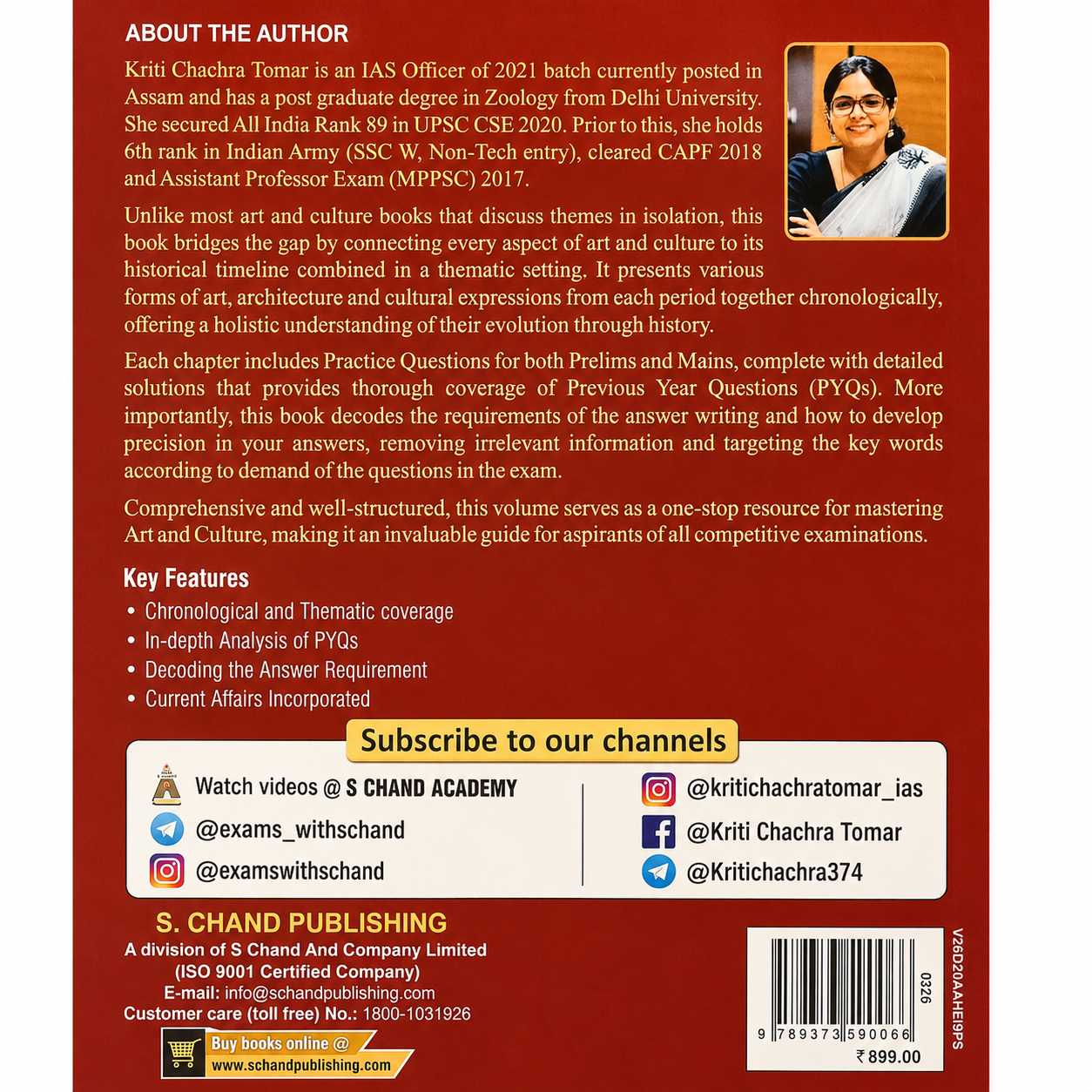 Back cover of the Decoding Indian Art and Culture book featuring author Kriti Chachra Tomar's profile, book overview, key features, S. Chand Publishing information, social media links, ISBN barcode, and price.