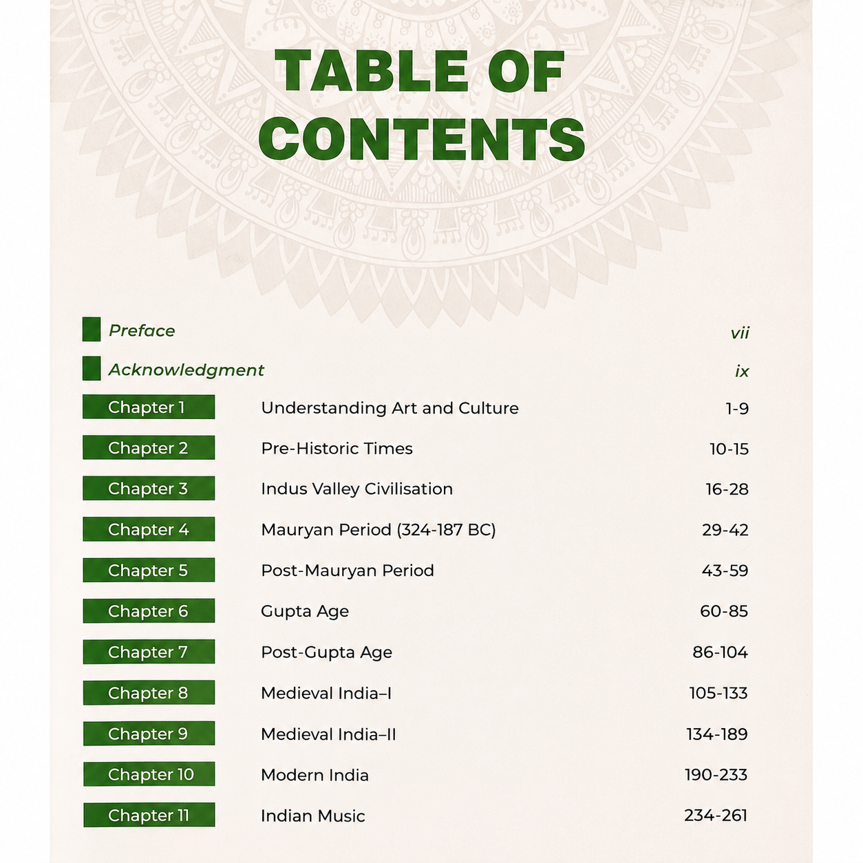 Table of contents page of a History and Art & Culture book showing chapters on Prehistoric Times, Indus Valley Civilization, Mauryan Period, Gupta Age, Medieval India, Modern India, and Indian Music with page numbers.