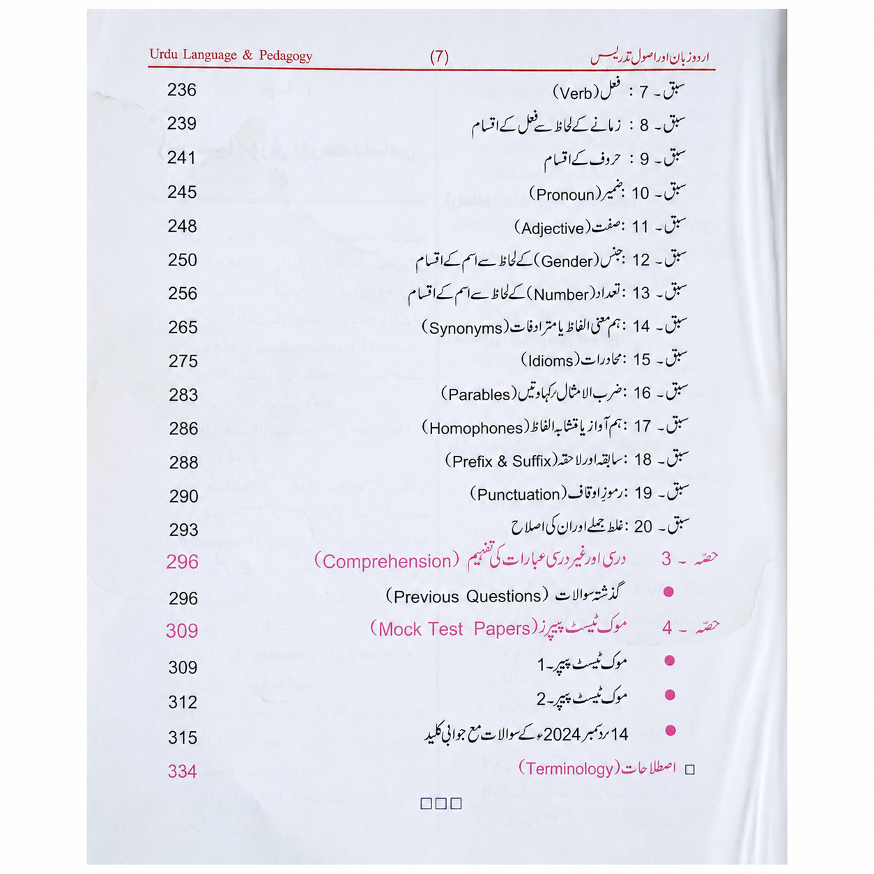 KBC Nano Urdu Language & Pedagogy book contents page 7 showing Urdu grammar topics, comprehension section, previous questions, mock test papers, and terminology index.