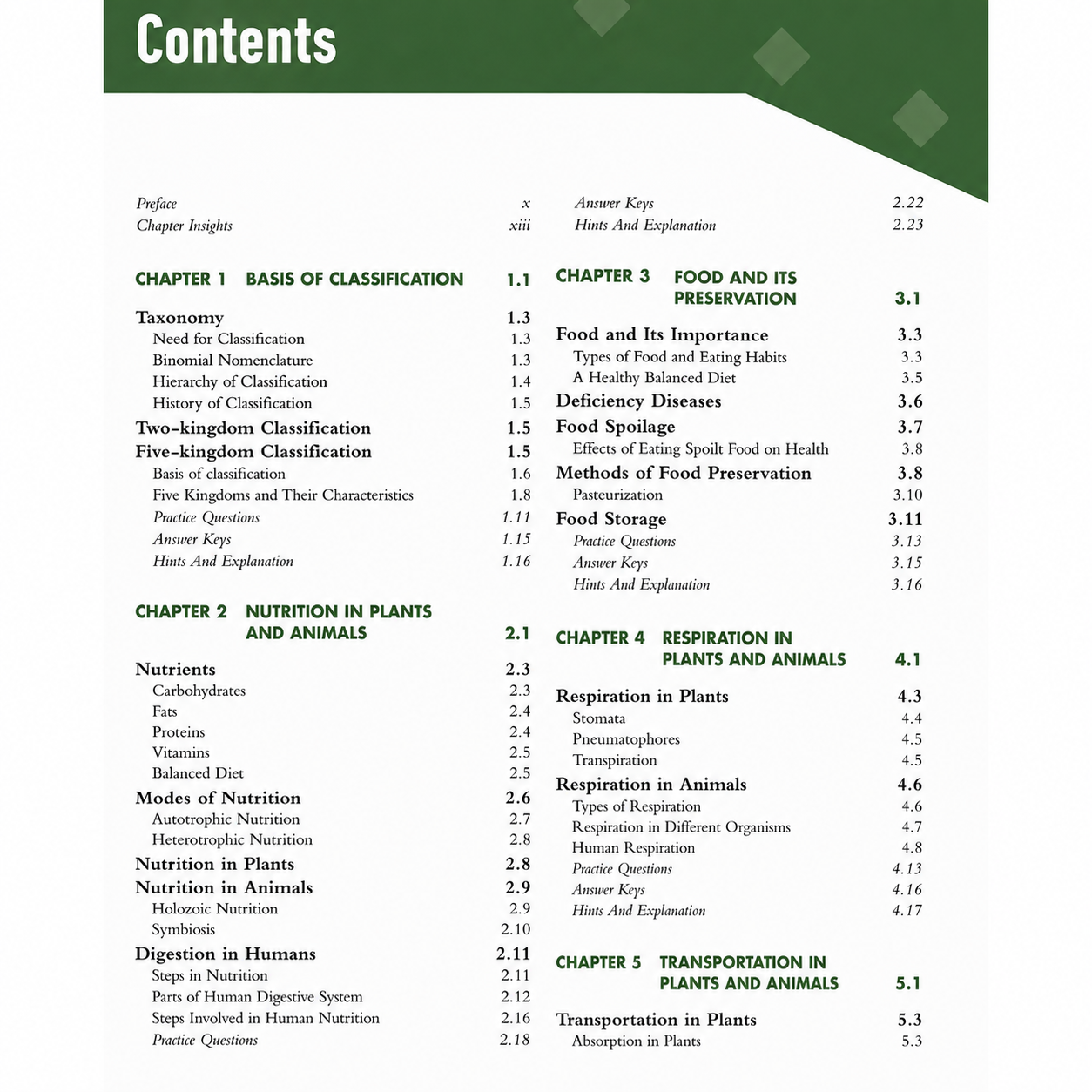 Contents page of Pearson IIT Foundation Mathematics Class 5 8th Edition book showing chapters on Basis of Classification, Nutrition in Plants and Animals, Food and Its Preservation, Respiration in Plants and Animals, and Transportation in Plants and Animals.
