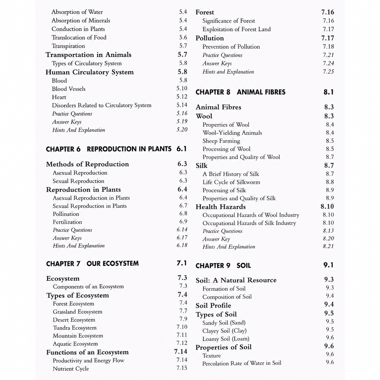 Contents page of Pearson IIT Foundation Science Class 5 8th Edition book showing chapters on Transportation in Animals, Reproduction in Plants, Our Ecosystem, Animal Fibres, and Soil with chapter topics and page numbers.