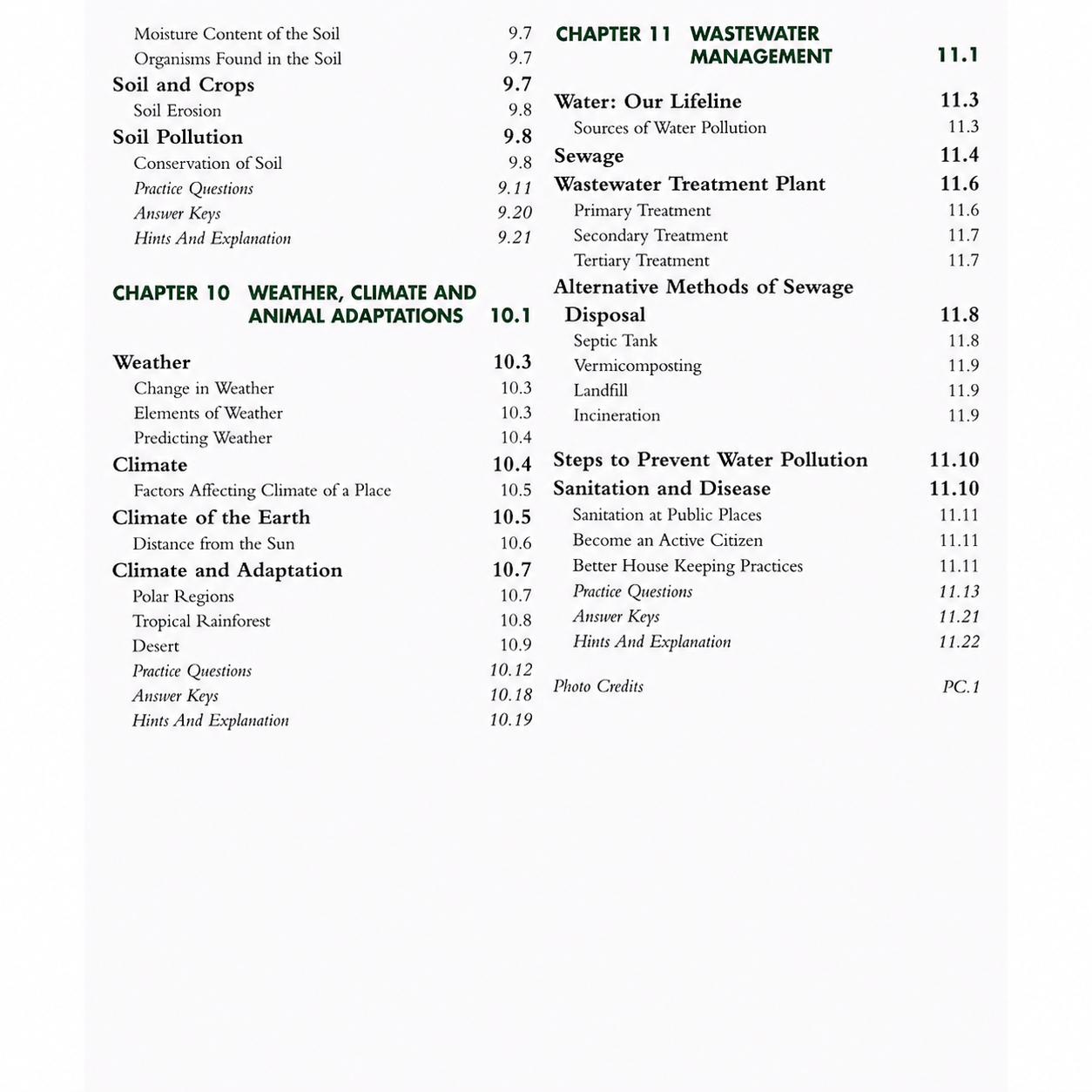Contents page of Pearson IIT Foundation Science Class 5 8th Edition book showing chapters on Weather, Climate and Animal Adaptations and Wastewater Management, including topics on soil pollution, weather, climate, sewage treatment, water pollution, sanitation, and page numbers.