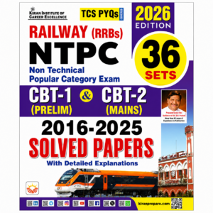 Kiran Railway RRB NTPC CBT-1 and CBT-2 Solved Papers 2016–2025 Hindi Book with 36 practice sets, detailed explanations, and 2026 edition for Railway NTPC exam preparation.