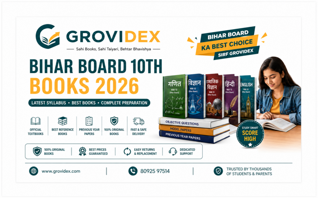 Grovidex Bihar Board 10th Books 2026 featured banner showing official Class 10 textbooks, best reference books, latest syllabus, previous year papers, and study resources for Bihar Board students.