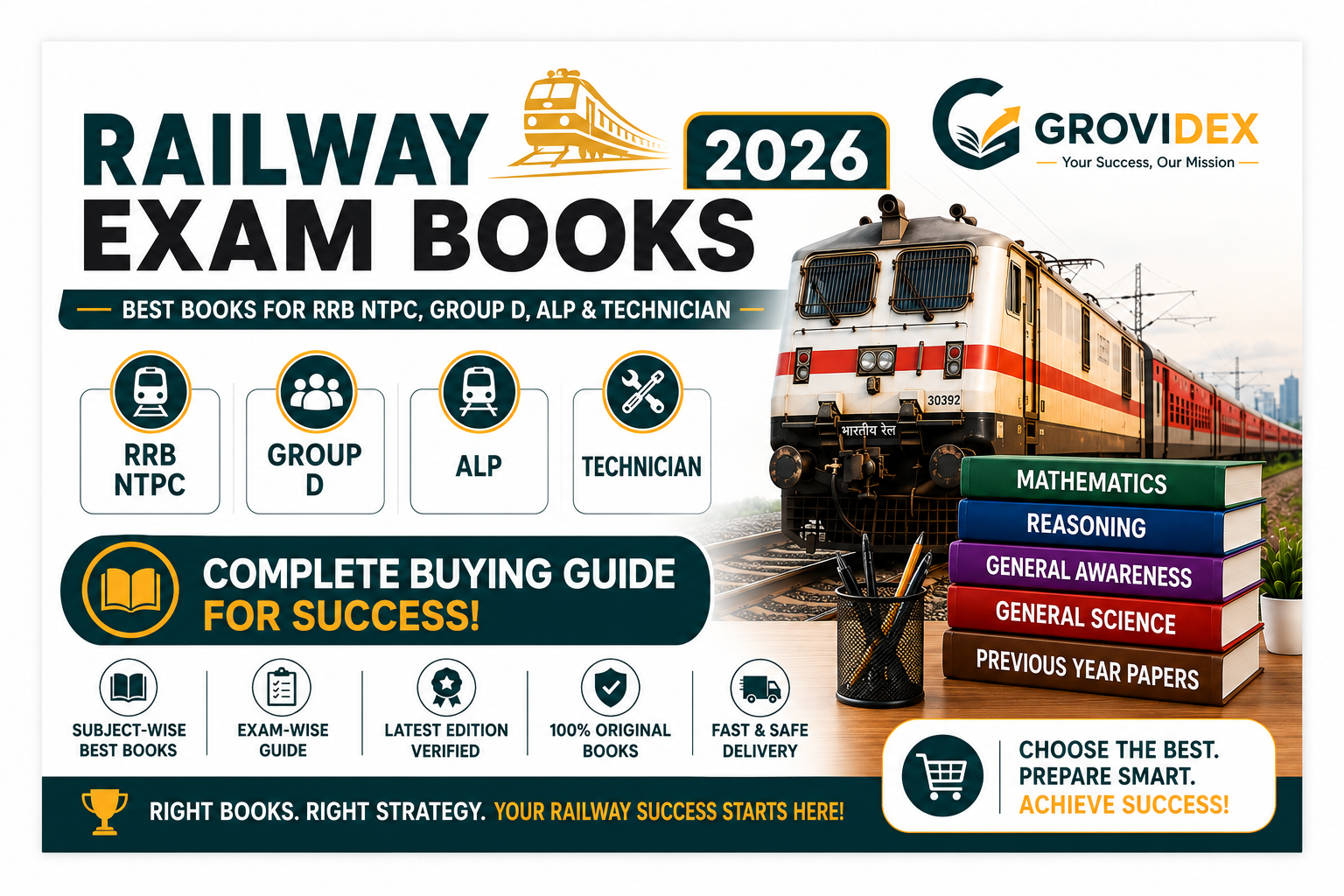 Railway Exam Books 2026 guide featuring the best books for RRB NTPC, Group D, ALP and Technician with subject-wise study resources and exam preparation tips.
