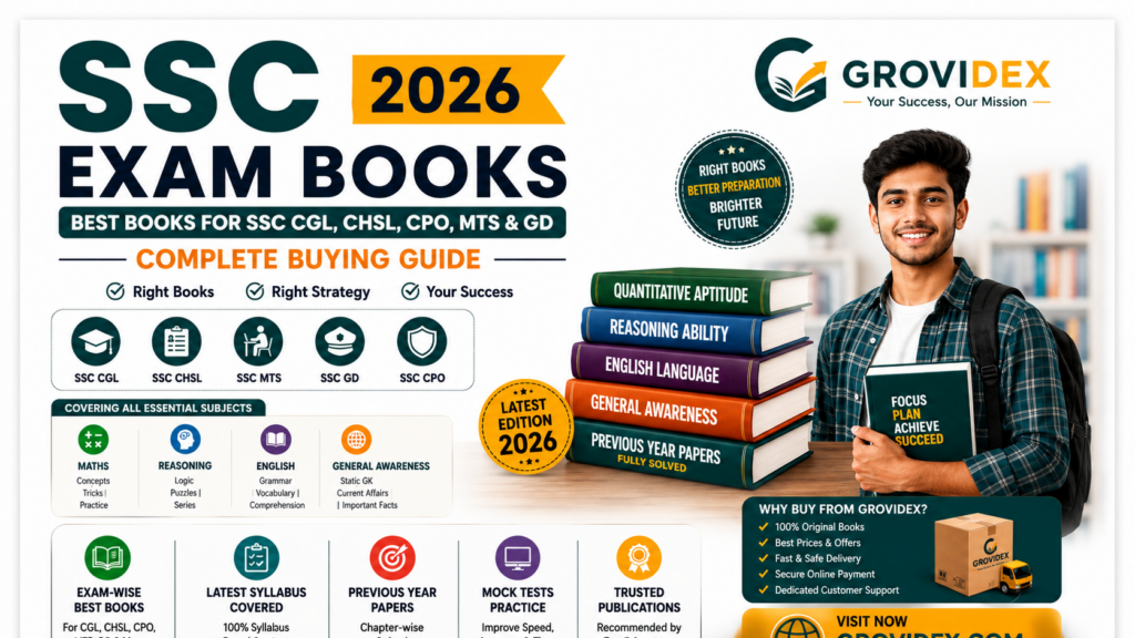 SSC Exam Books 2026 featured banner showing the best books for SSC CGL, CHSL, CPO, MTS and GD with subject-wise preparation resources, complete buying guide and Grovidex official branding.