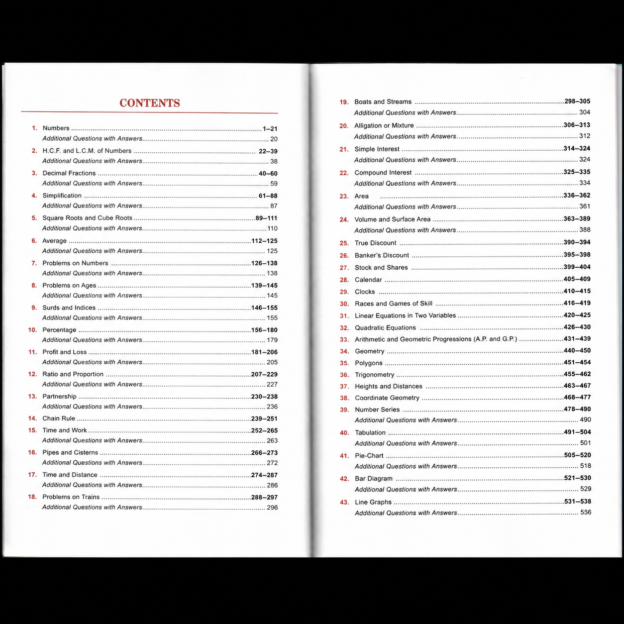 Combined contents pages of Objective Arithmetic by Dr. R.S. Aggarwal, displaying chapters 1–43 side by side with topics including Numbers, H.C.F. & L.C.M., Percentage, Profit and Loss, Geometry, Trigonometry, Coordinate Geometry, Data Interpretation, and Line Graphs along with their corresponding page numbers.