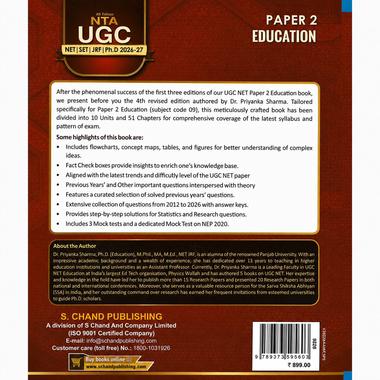 Back cover of NTA UGC NET SET JRF PhD 2026-27 Paper 2 Education 4th Edition by Dr. Priyanka Sharma showing book highlights, author information, publisher details, and barcode.