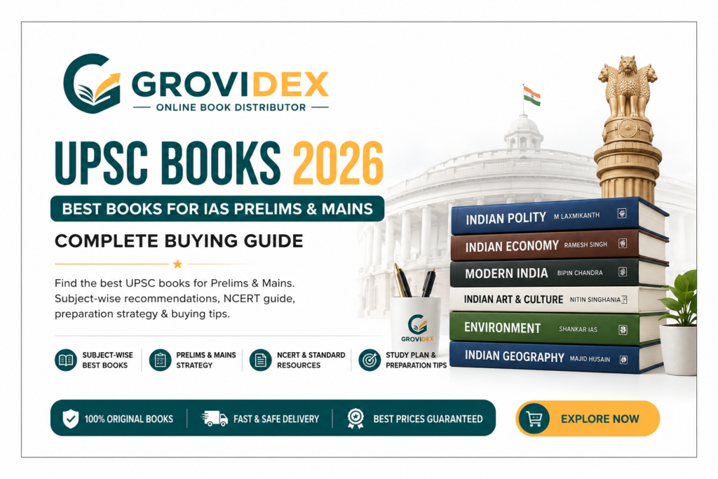 UPSC Books 2026 featured banner showing the best books for IAS Prelims and Mains with subject-wise study resources, NCERT guide, preparation strategy and Grovidex branding.