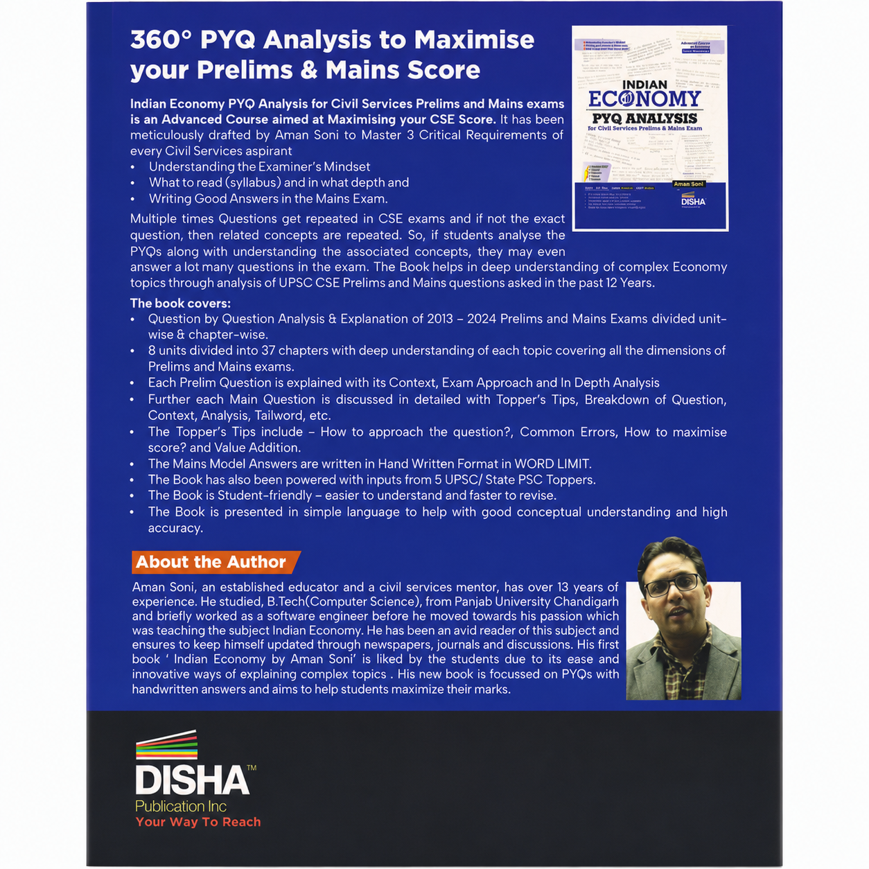 Indian Economy PYQ Analysis for Civil Services Prelims & Mains Exam book by Aman Soni, published by Disha Publication, featuring previous year question analysis from 2013–2024 for UPSC Prelims and Mains.