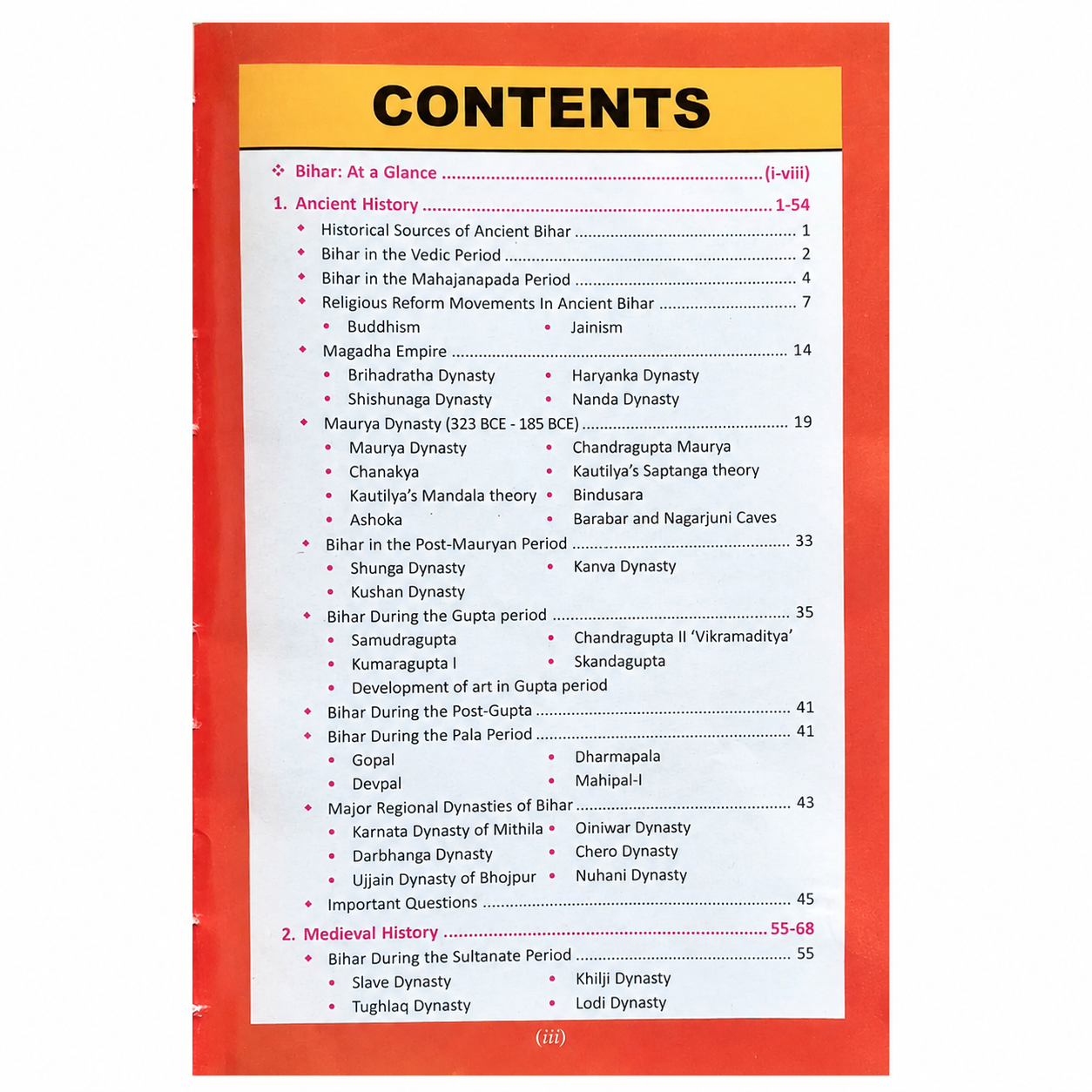 Contents page of the Brilliant Bihar General Knowledge 2027 book showing Bihar at a Glance, Ancient History, and Medieval History chapters with detailed topics and page numbers.