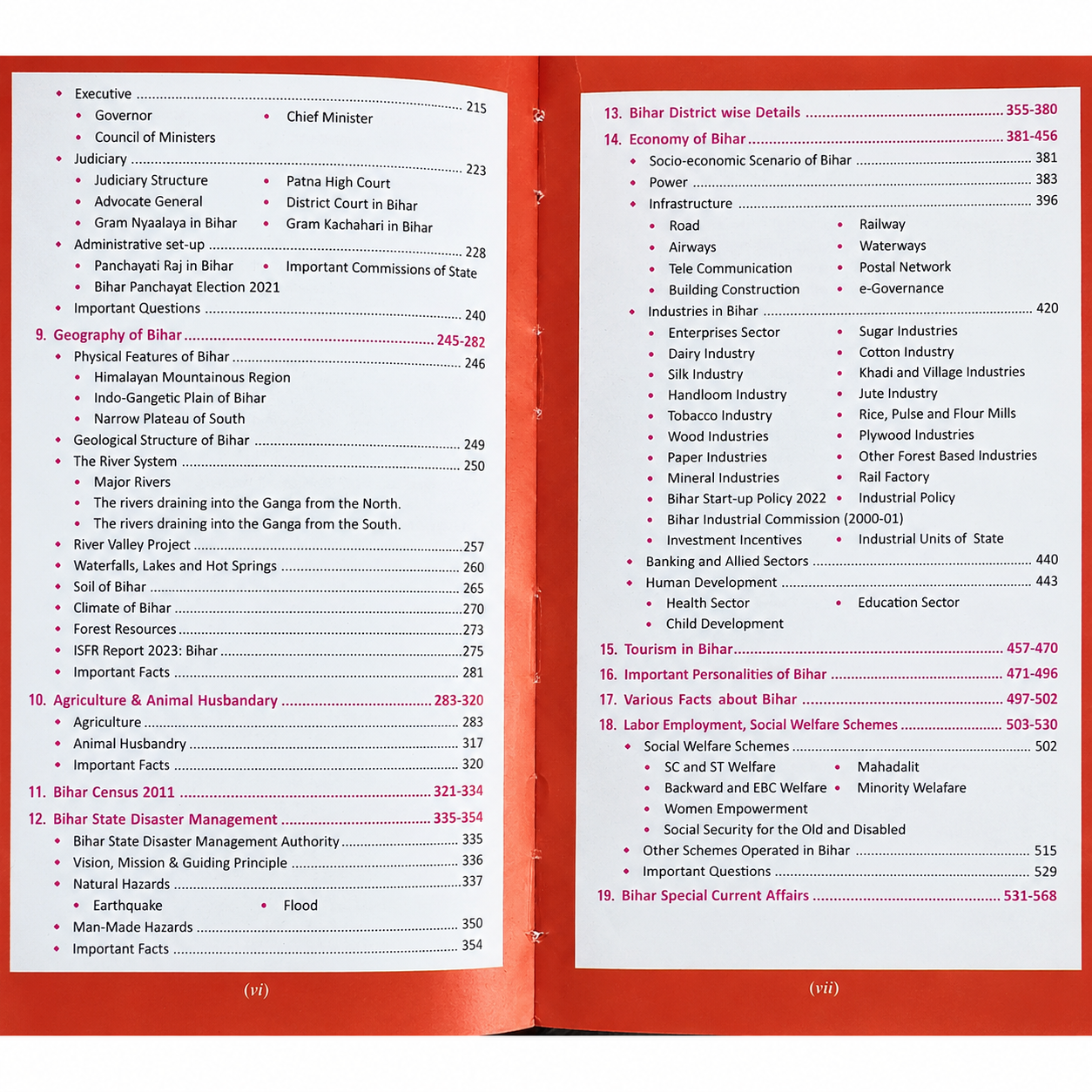 Contents pages of Brilliant Bihar General Knowledge 2027 book showing Geography of Bihar, Agriculture & Animal Husbandry, Bihar Census, Disaster Management, District-wise Details, Economy of Bihar, Tourism, Important Personalities, Social Welfare Schemes, and Bihar Special Current Affairs with chapter topics and page numbers.