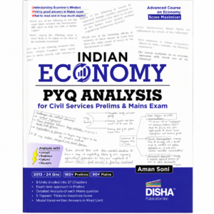Indian Economy PYQ Analysis for Civil Services Prelims & Mains Exam book by Aman Soni, published by Disha Publication, featuring previous year question analysis from 2013–2024 for UPSC Prelims and Mains.