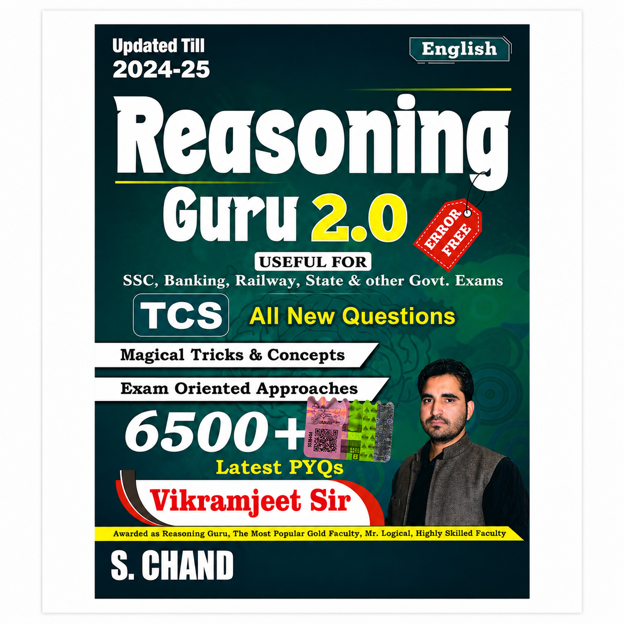 S. Chand Reasoning Guru 2.0 English book by Vikramjeet Sir, updated till 2024–25, featuring 6500+ latest PYQs and TCS-based reasoning questions for SSC, Banking, Railway, State and other government exams.