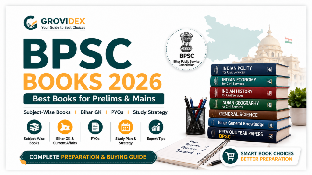 BPSC Books 2026 guide for Prelims and Mains featuring subject-wise books, Bihar GK, previous year papers and BPSC preparation strategy.