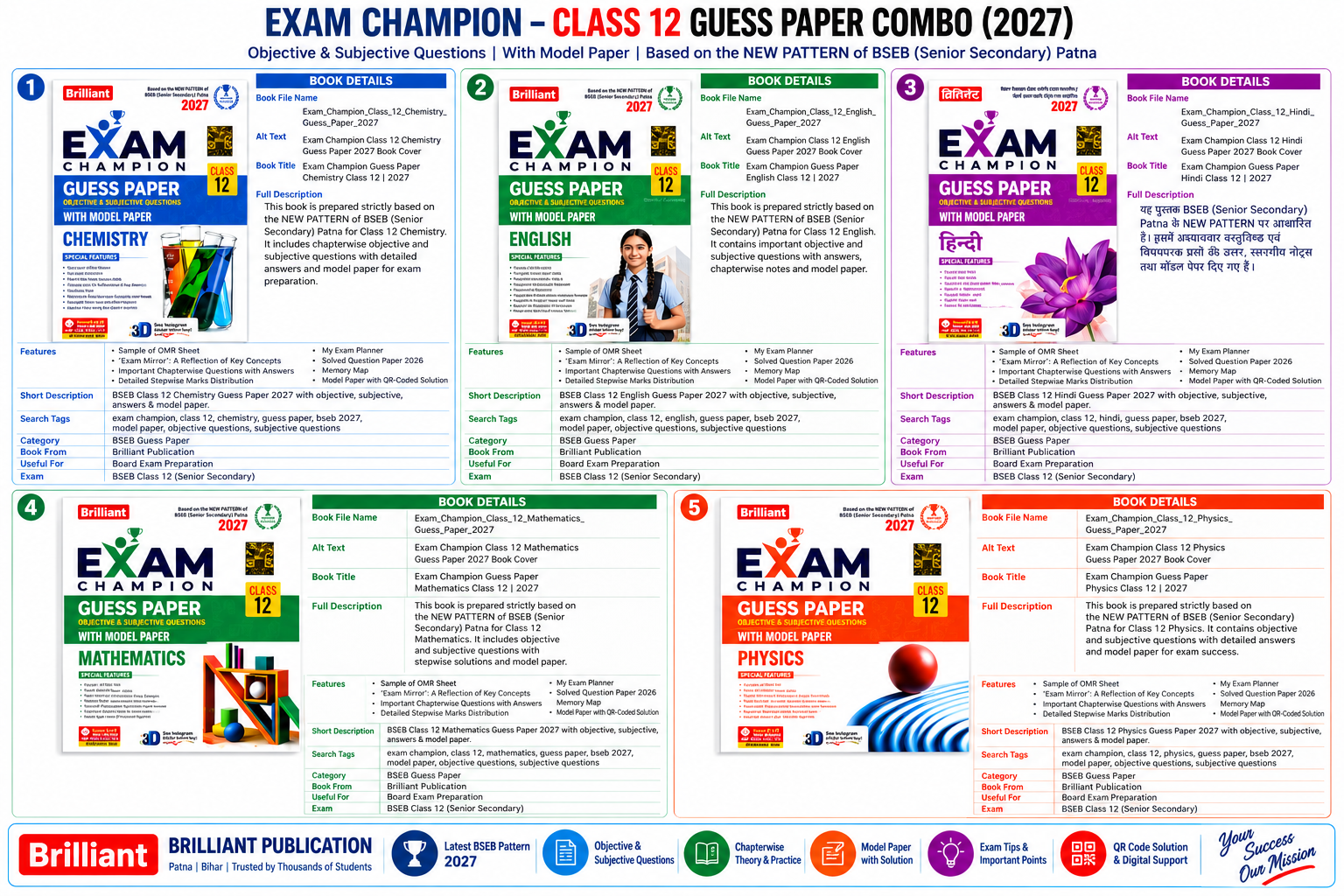 Brilliant Exam Champion Class 12 Guess Paper 2027 5 Books Combo with Physics Chemistry Mathematics Hindi and English for Bihar Board